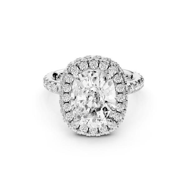 Amelie - 4ct 14k white gold ecushion Diamond with Rollover Halo and Pavé engagement Ring - Mr. Alex Jewelry