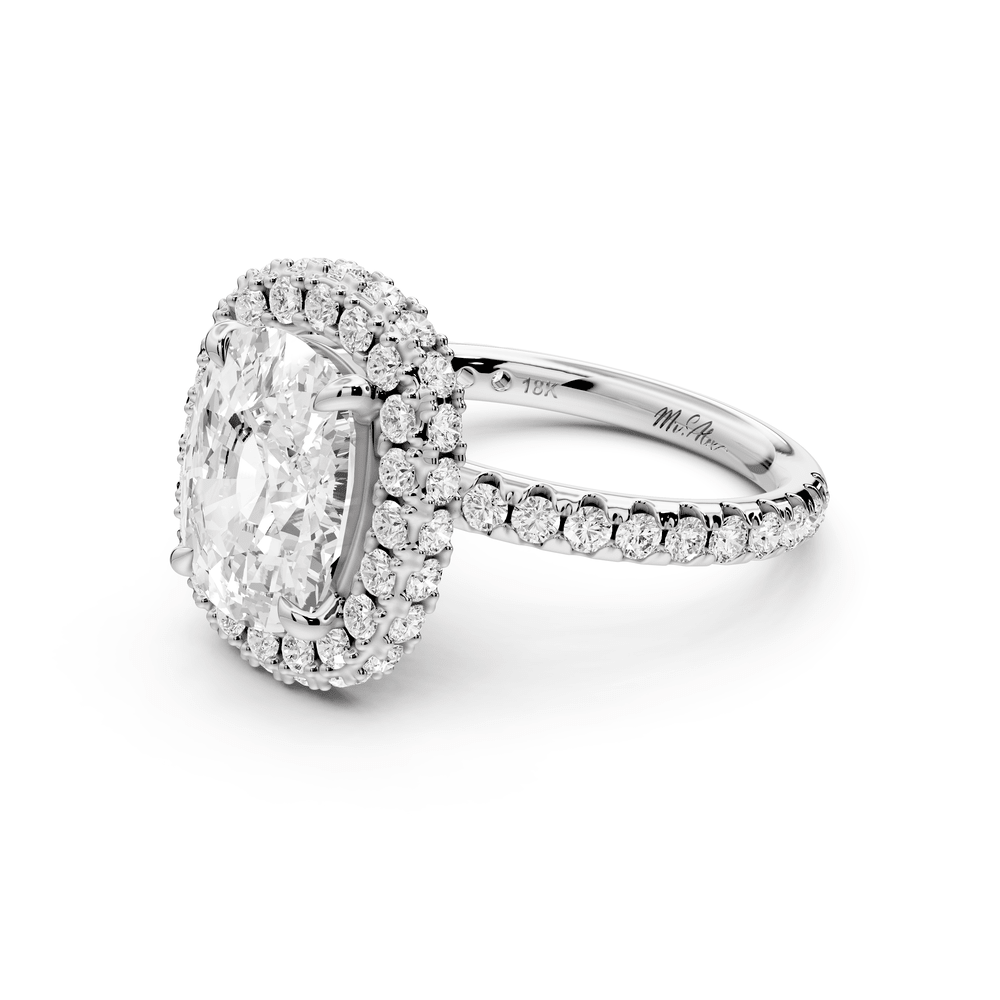 Amelie - 4ct 14k white gold ecushion Diamond with Rollover Halo and Pavé engagement Ring - Mr. Alex Jewelry