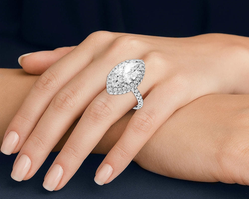 Amelie - 4ct 14k white gold marquise Diamond with Rollover Halo and Pavé engagement Ring - Mr. Alex Jewelry