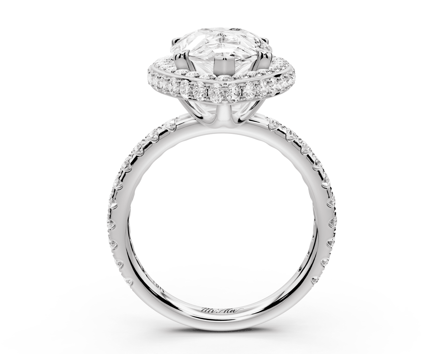 Amelie - 4ct 14k white gold pear Diamond with Rollover Halo and Pavé Engagement Ring - Mr. Alex Jewelry