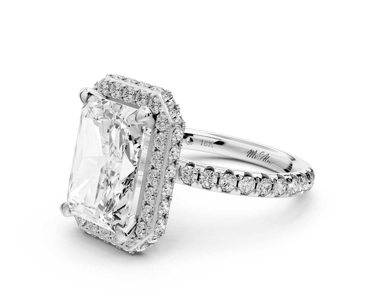 Amelie - 4ct 14k white gold radiant Diamond with Rollover Halo and Pavé engagement Ring - Mr. Alex Jewelry