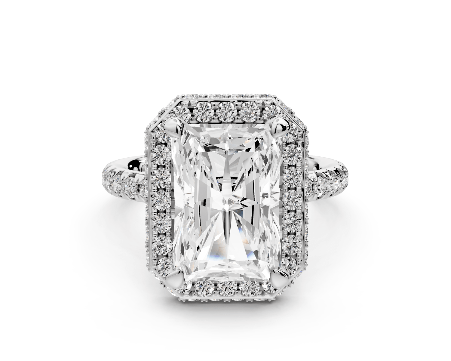 Amelie - 4ct 14k white gold radiant Diamond with Rollover Halo and Pavé engagement Ring - Mr. Alex Jewelry