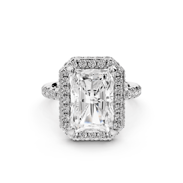 Amelie - 4ct 14k white gold radiant Diamond with Rollover Halo and Pavé engagement Ring - Mr. Alex Jewelry