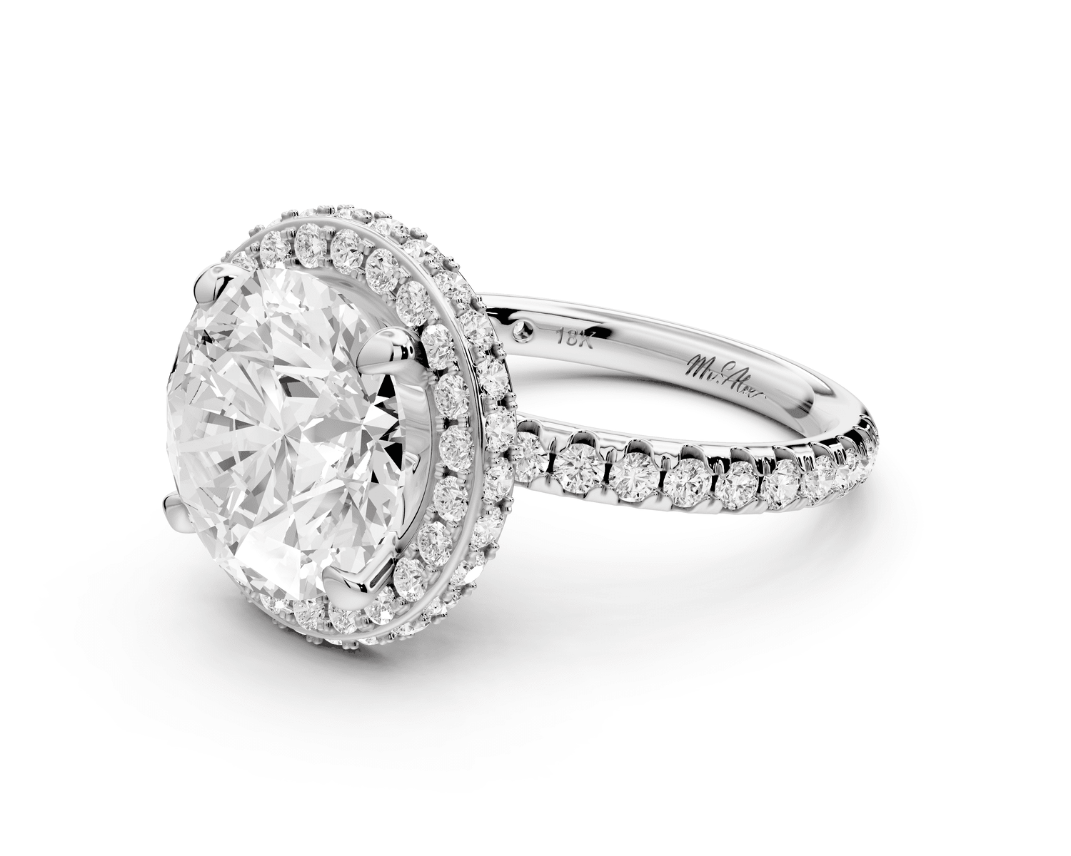 Amelie - 4ct 14k white gold round Diamond with Rollover Halo and Pavé Engagment Ring - Mr. Alex Jewelry
