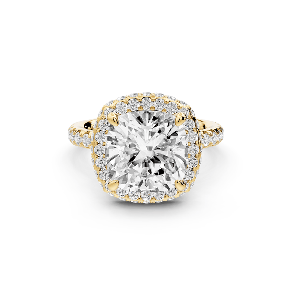 Amelie - 4ct 14k yellow gold cushion Diamond with Rollover Halo and Pavé engagement Ring - Mr. Alex Jewelry