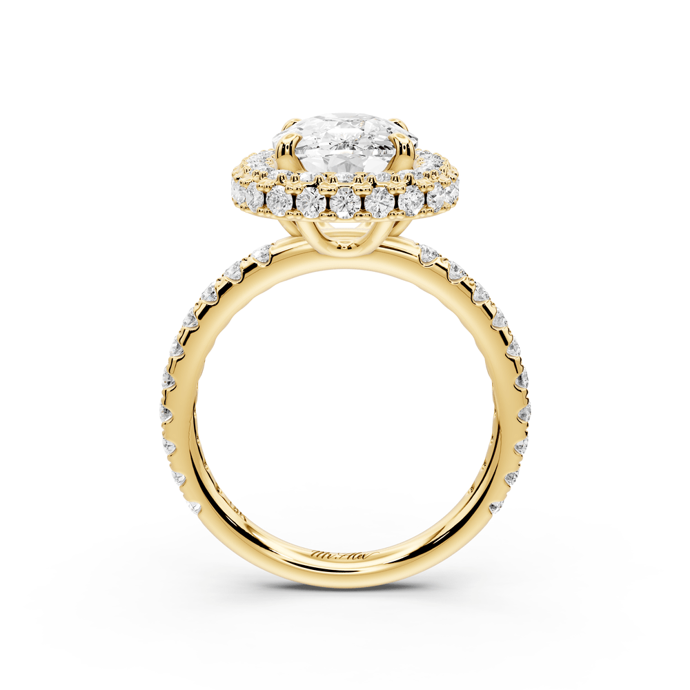 Amelie - 4ct 14k yellow gold ecushion Diamond with Rollover Halo and Pavé engagement Ring - Mr. Alex Jewelry