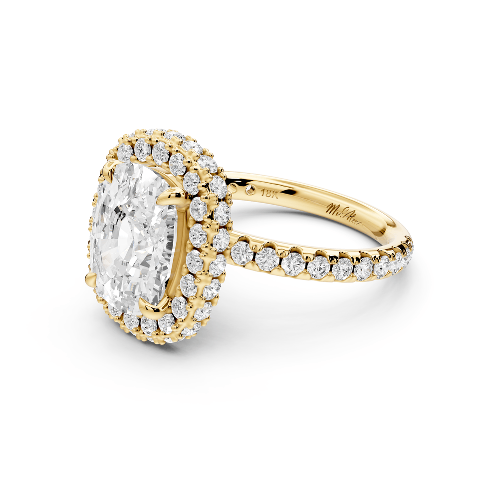 Amelie - 4ct 14k yellow gold ecushion Diamond with Rollover Halo and Pavé engagement Ring - Mr. Alex Jewelry