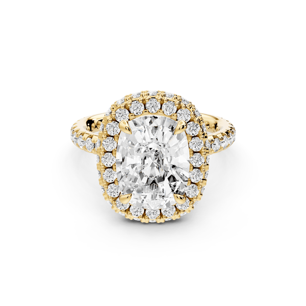 Amelie - 4ct 14k yellow gold ecushion Diamond with Rollover Halo and Pavé engagement Ring - Mr. Alex Jewelry