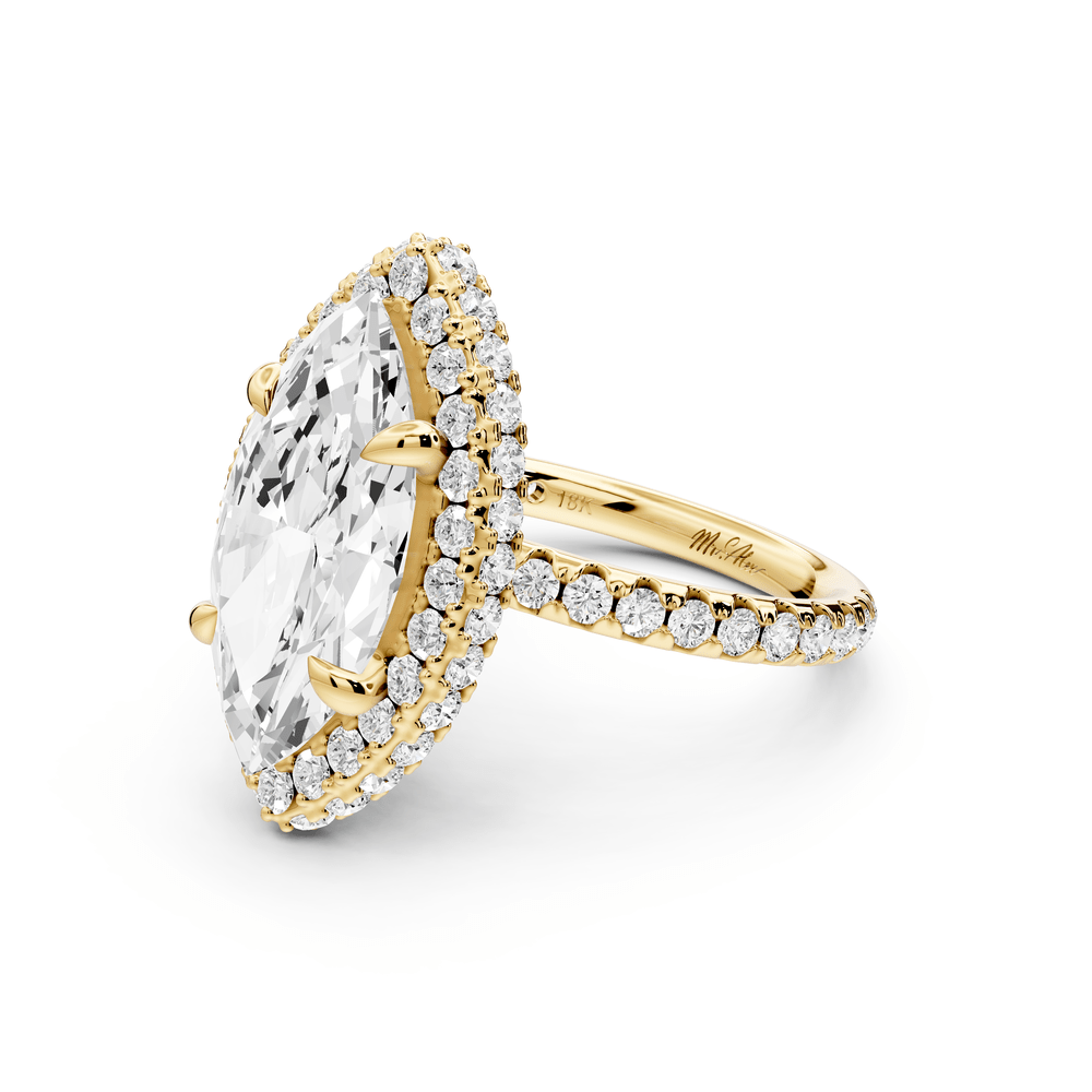 Amelie - 4ct 14k yellow gold marquise Diamond with Rollover Halo and Pavé engagement Ring - Mr. Alex Jewelry