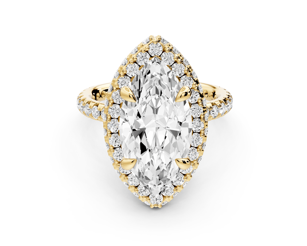 Amelie - 4ct 14k yellow gold marquise Diamond with Rollover Halo and Pavé engagement Ring - Mr. Alex Jewelry