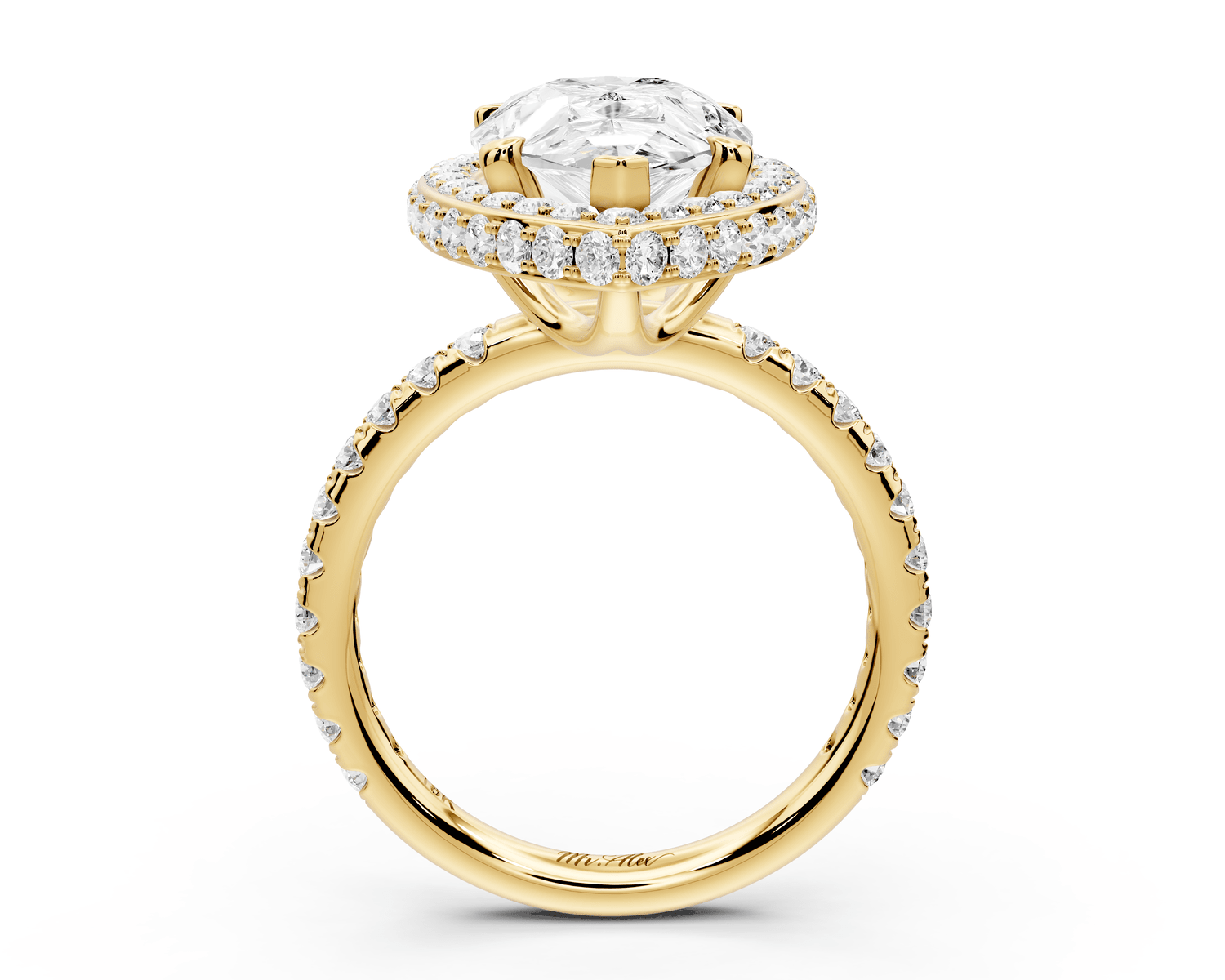 Amelie - 4ct 14k yellow gold pear Diamond with Rollover Halo and Pavé Engagement Ring - Mr. Alex Jewelry