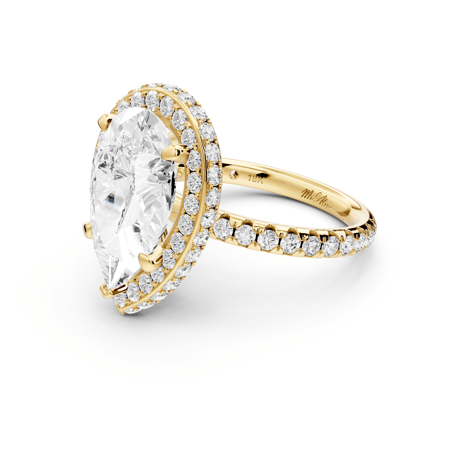 Amelie - 4ct 14k yellow gold pear Diamond with Rollover Halo and Pavé Engagement Ring - Mr. Alex Jewelry