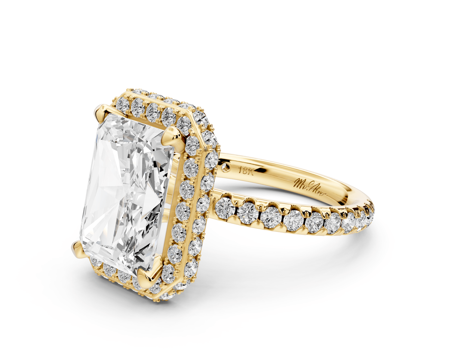 Amelie - 4ct 14k yellow gold radiant Diamond with Rollover Halo and Pavé engagement Ring - Mr. Alex Jewelry