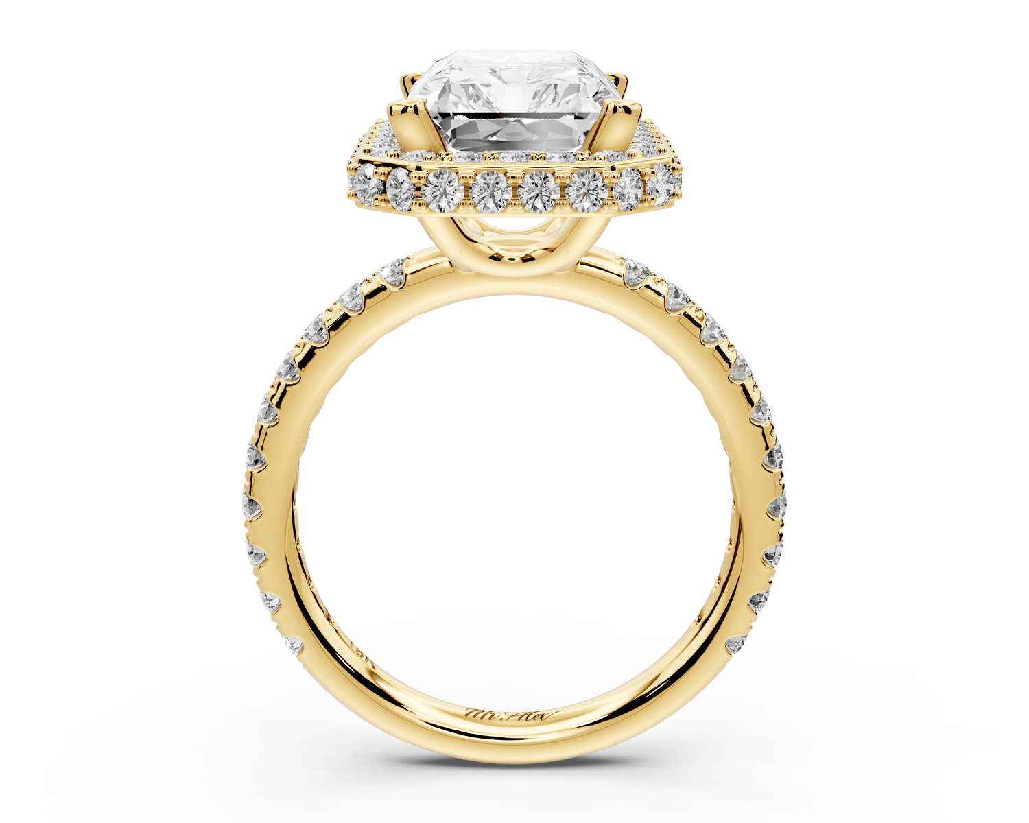 Amelie - 4ct 14k yellow gold radiant Diamond with Rollover Halo and Pavé engagement Ring - Mr. Alex Jewelry