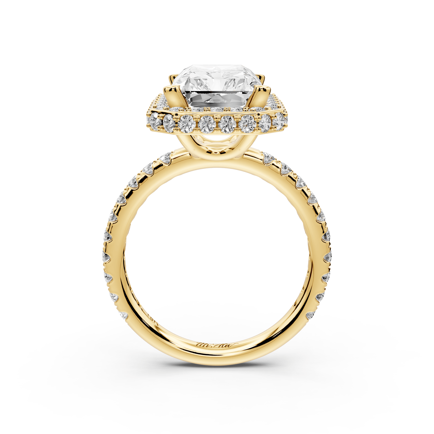 Amelie - 4ct 14k yellow gold radiant Diamond with Rollover Halo and Pavé engagement Ring - Mr. Alex Jewelry