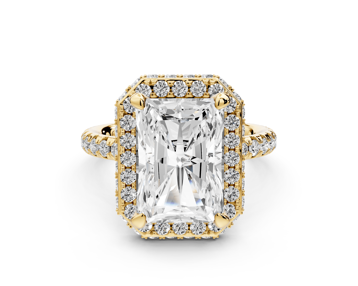 Amelie - 4ct 14k yellow gold radiant Diamond with Rollover Halo and Pavé engagement Ring - Mr. Alex Jewelry