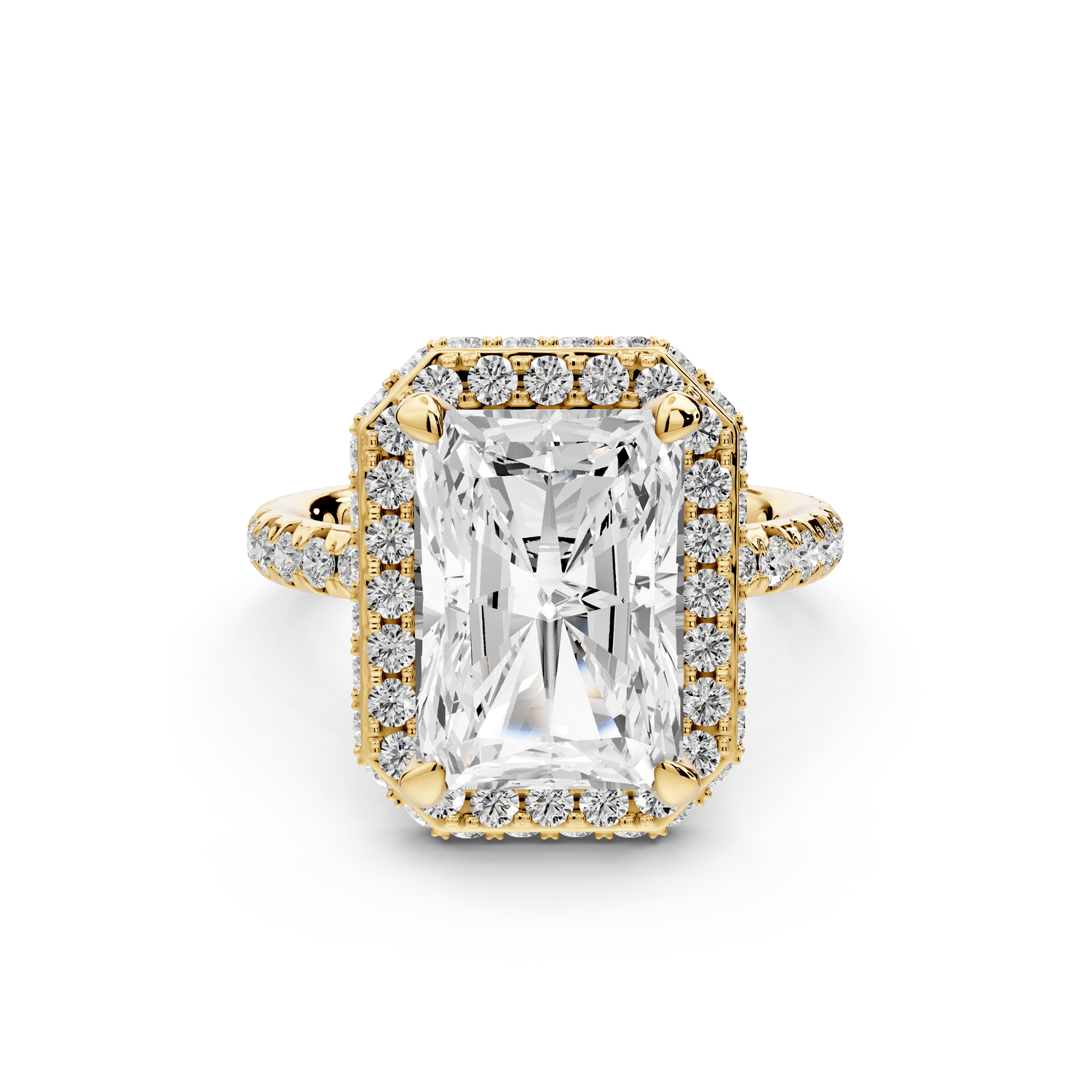 Amelie - 4ct 14k yellow gold radiant Diamond with Rollover Halo and Pavé engagement Ring - Mr. Alex Jewelry