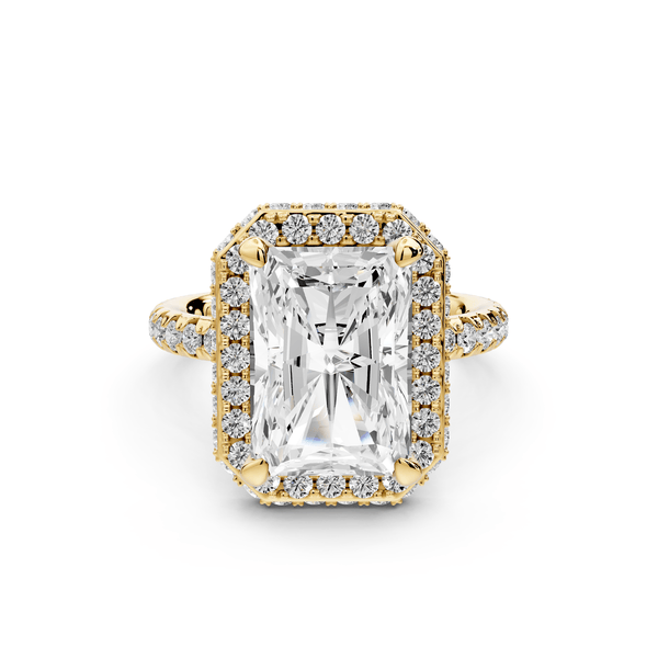 Amelie - 4ct 14k yellow gold radiant Diamond with Rollover Halo and Pavé engagement Ring - Mr. Alex Jewelry