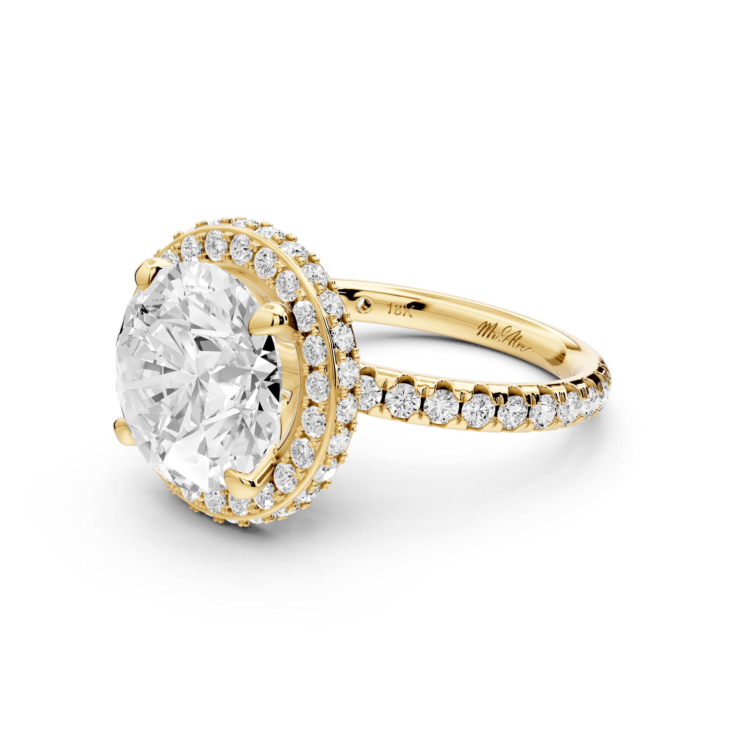 Amelie - 4ct 14k yellow gold round Diamond with Rollover Halo and Pavé Engagment Ring - Mr. Alex Jewelry