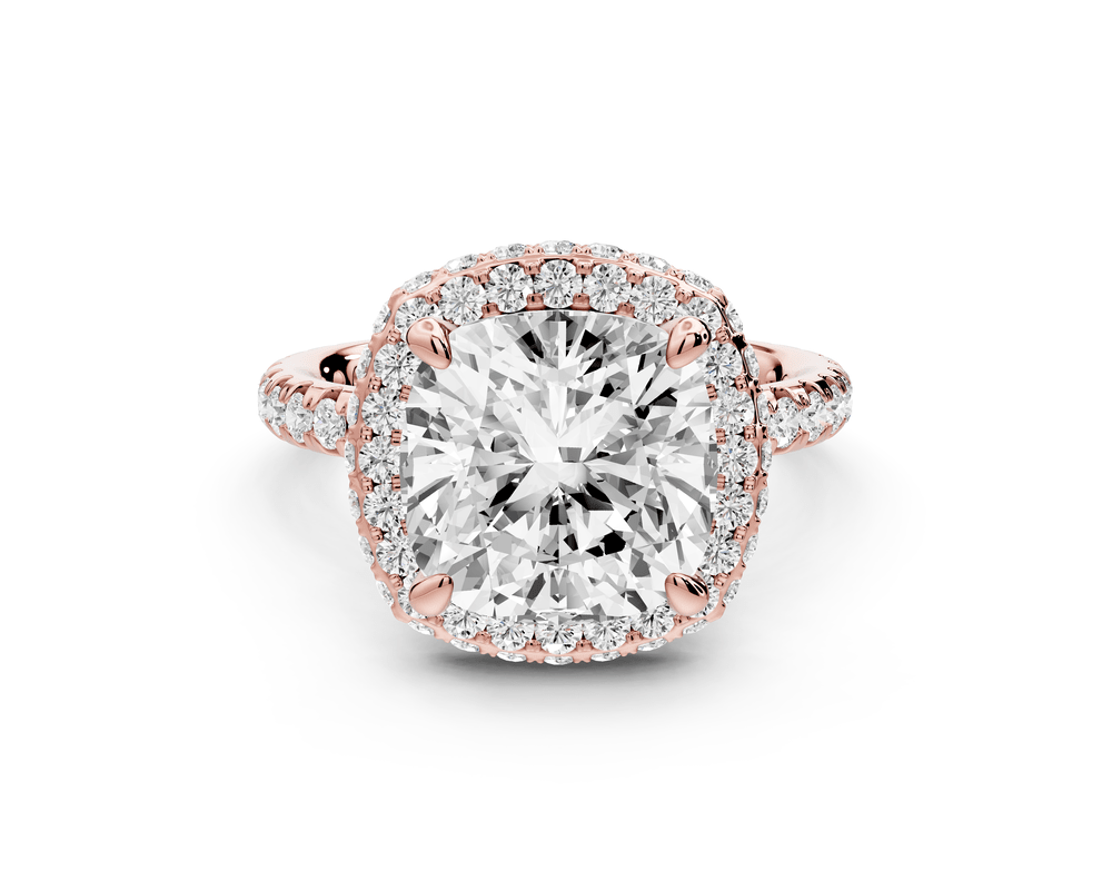 Amelie - 4ct 18k rose gold cushion Diamond with Rollover Halo and Pavé engagement Ring - Mr. Alex Jewelry