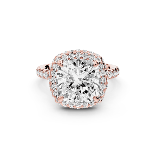 Amelie - 4ct 18k rose gold cushion Diamond with Rollover Halo and Pavé engagement Ring - Mr. Alex Jewelry