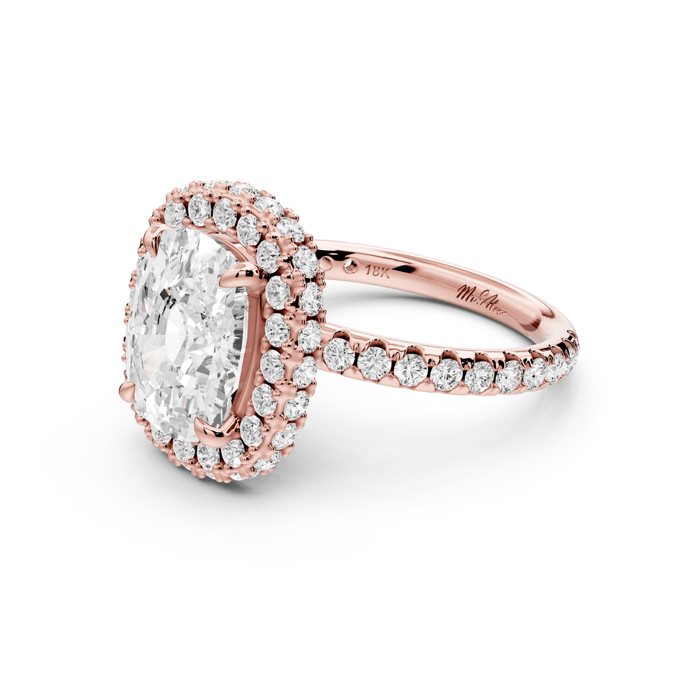 Amelie - 4ct 18k rose gold ecushion Diamond with Rollover Halo and Pavé engagement Ring - Mr. Alex Jewelry