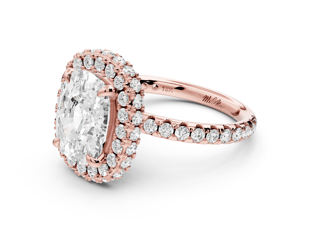 Amelie - 4ct 18k rose gold ecushion Diamond with Rollover Halo and Pavé engagement Ring - Mr. Alex Jewelry