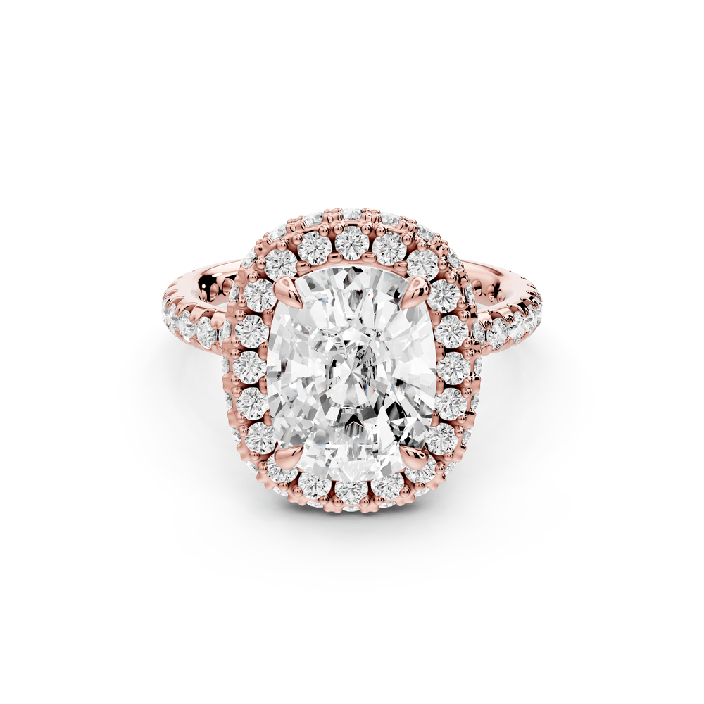 Amelie - 4ct 18k rose gold ecushion Diamond with Rollover Halo and Pavé engagement Ring - Mr. Alex Jewelry
