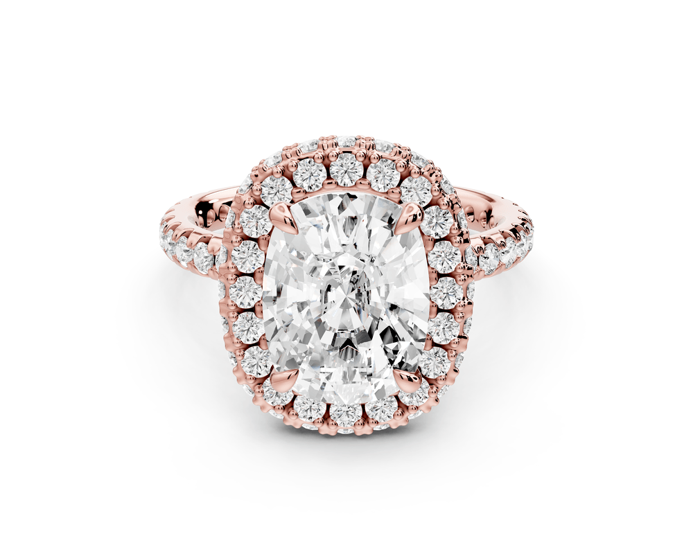 Amelie - 4ct 18k rose gold ecushion Diamond with Rollover Halo and Pavé engagement Ring - Mr. Alex Jewelry