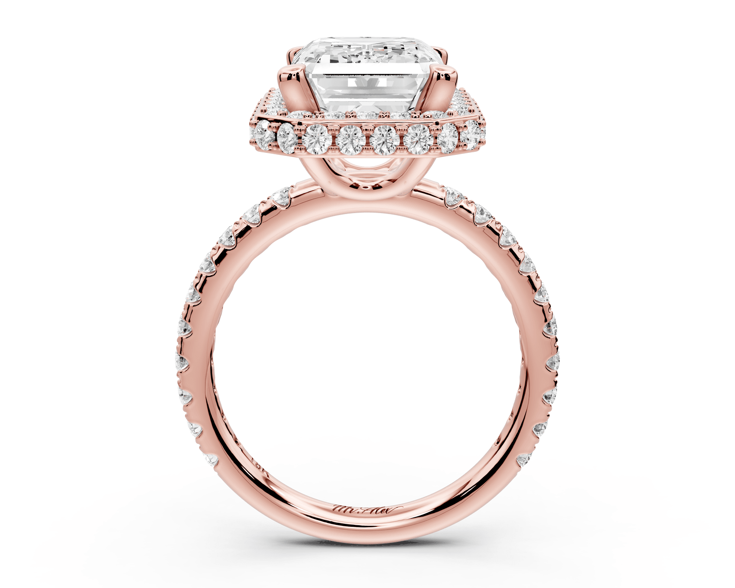 Amelie - 4ct 18k rose gold emerald Diamond with Rollover Halo and Pavé Engagement Ring - Mr. Alex Jewelry