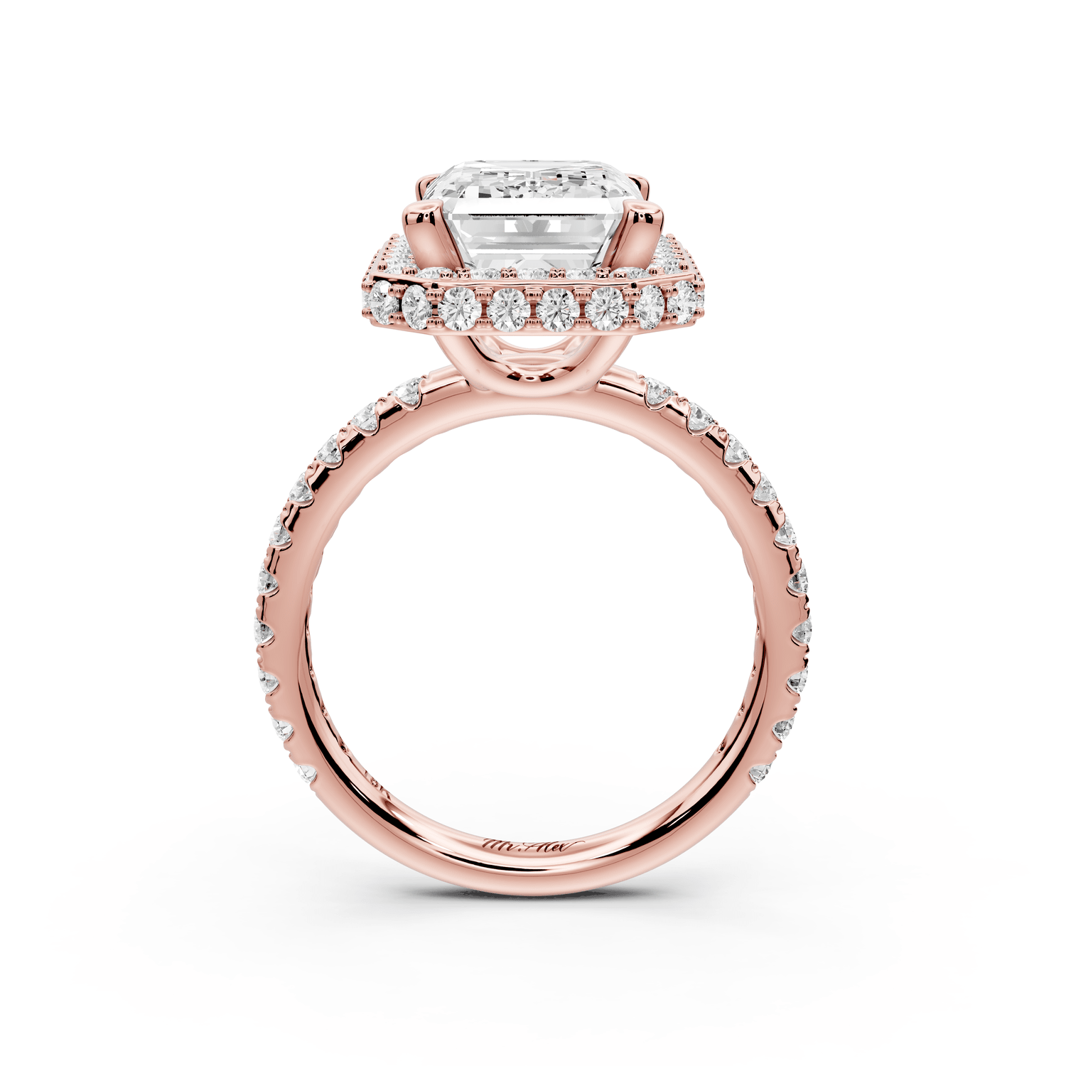 Amelie - 4ct 18k rose gold emerald Diamond with Rollover Halo and Pavé Engagement Ring - Mr. Alex Jewelry