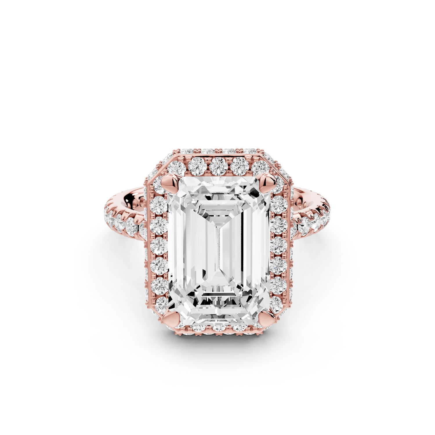 Amelie - 4ct 18k rose gold emerald Diamond with Rollover Halo and Pavé Engagement Ring - Mr. Alex Jewelry