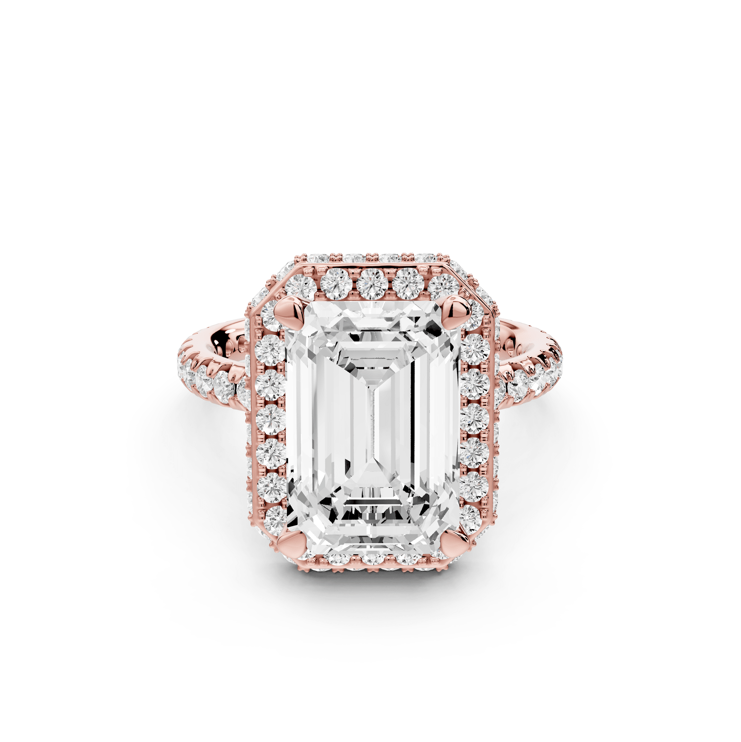 Amelie - 4ct 18k rose gold emerald Diamond with Rollover Halo and Pavé Engagement Ring - Mr. Alex Jewelry