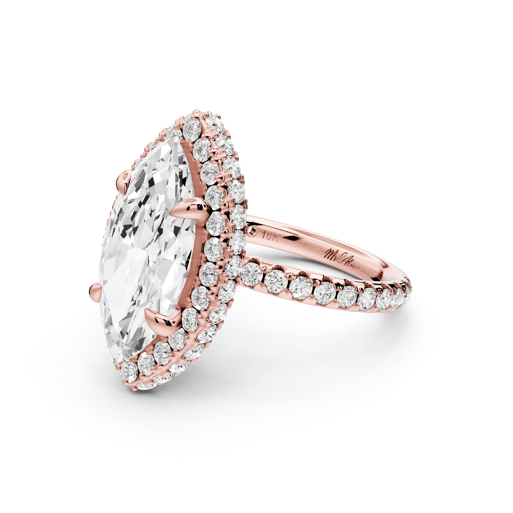 Amelie - 4ct 18k rose gold marquise Diamond with Rollover Halo and Pavé engagement Ring - Mr. Alex Jewelry