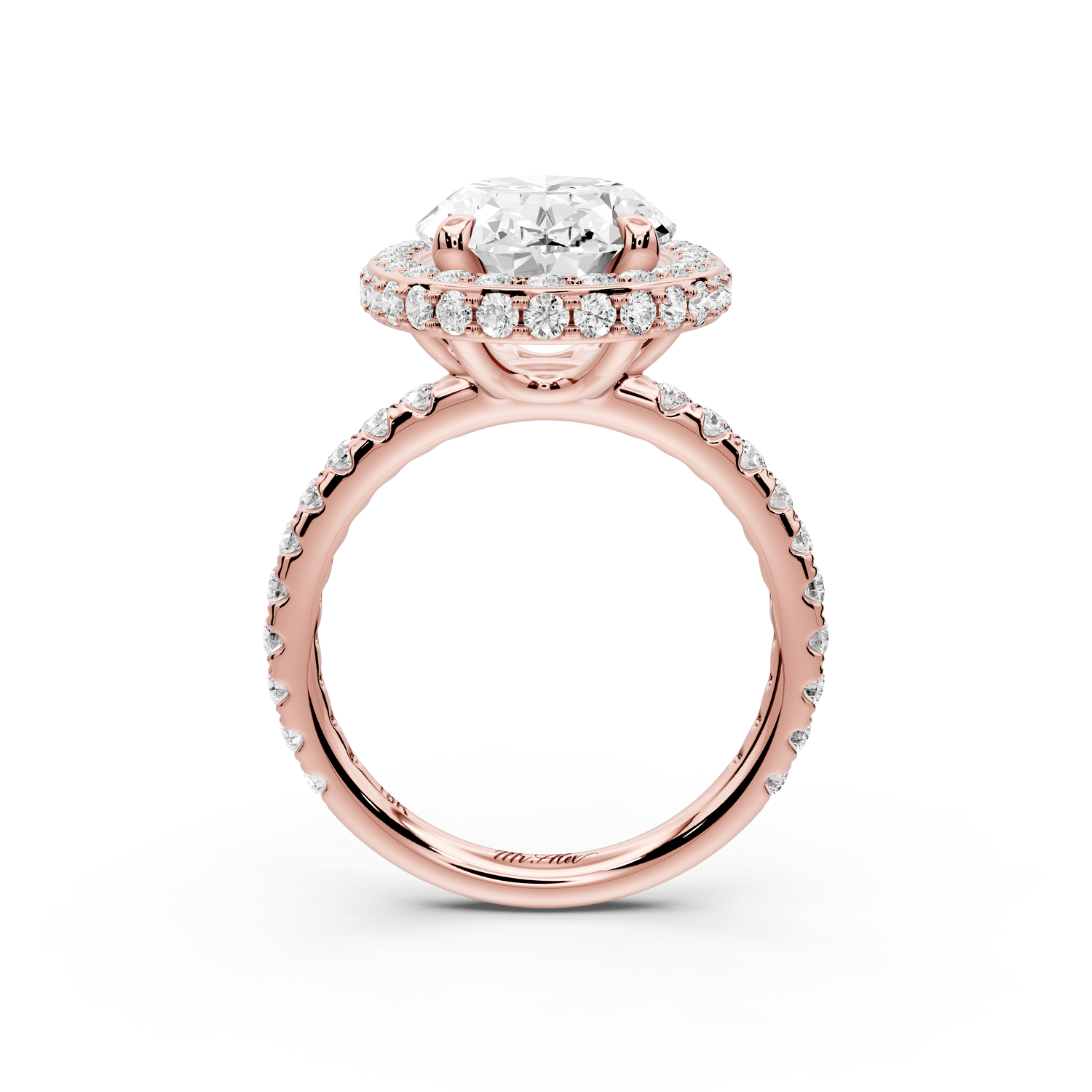 Amelie - 4ct 18k rose gold oval Diamond with Rollover Halo and Pavé Engagement Ring - Mr. Alex Jewelry