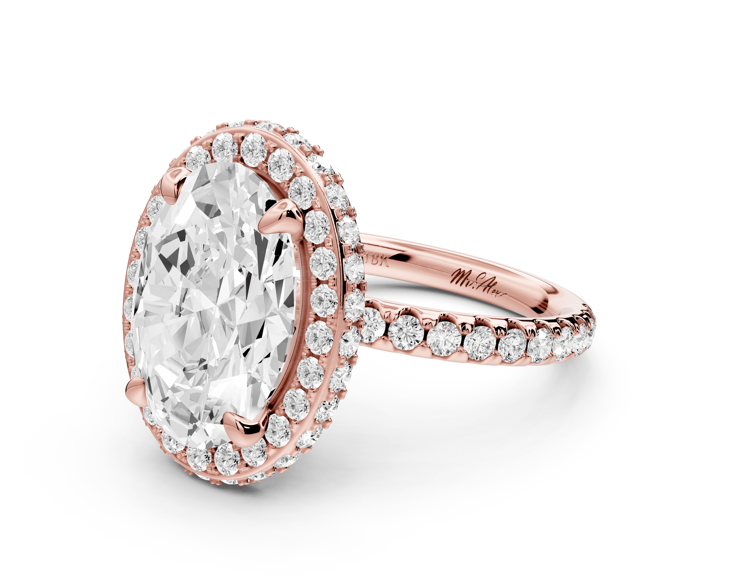 Amelie - 4ct 18k rose gold oval Diamond with Rollover Halo and Pavé Engagement Ring - Mr. Alex Jewelry