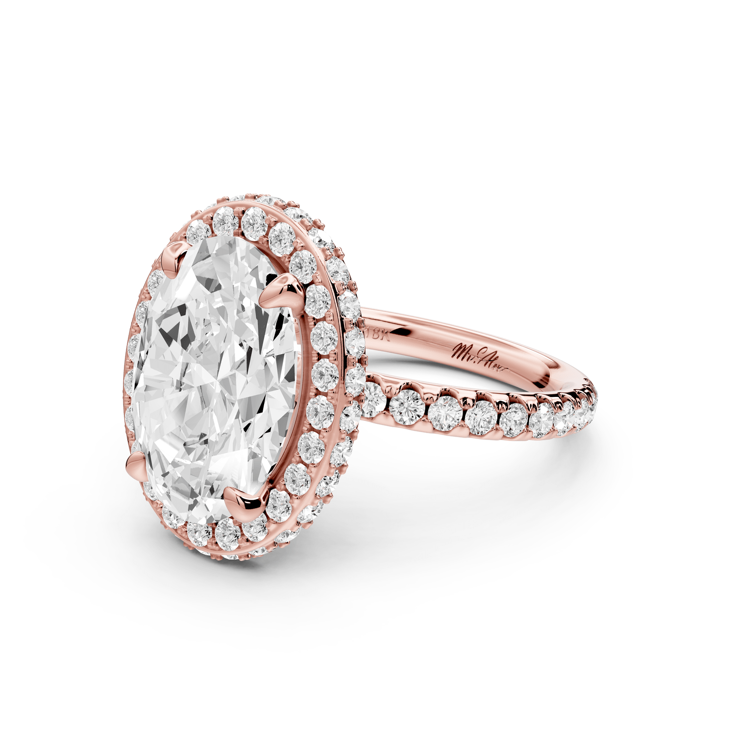 Amelie - 4ct 18k rose gold oval Diamond with Rollover Halo and Pavé Engagement Ring - Mr. Alex Jewelry