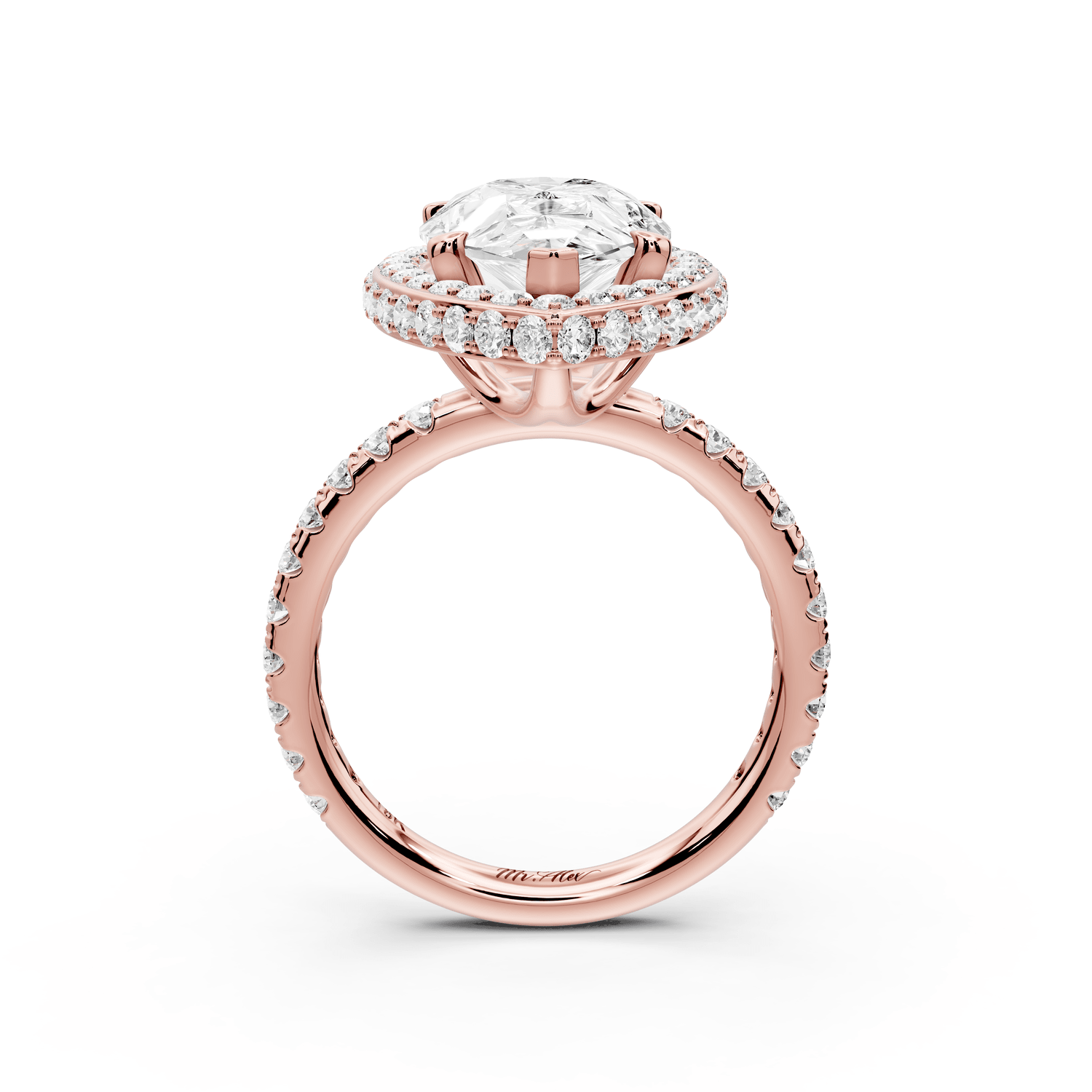 Amelie - 4ct 18k rose gold pear Diamond with Rollover Halo and Pavé Engagement Ring - Mr. Alex Jewelry