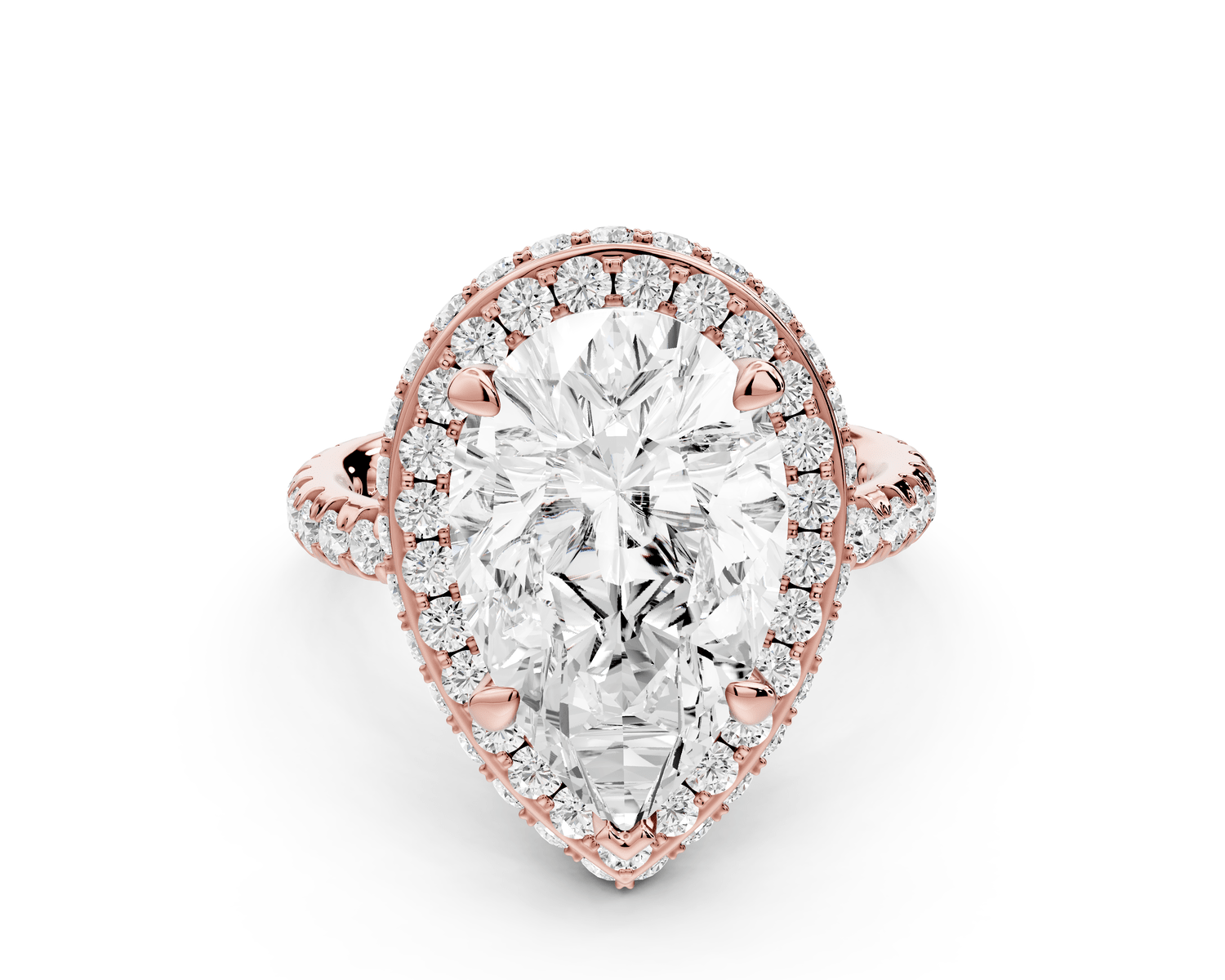 Amelie - 4ct 18k rose gold pear Diamond with Rollover Halo and Pavé Engagement Ring - Mr. Alex Jewelry