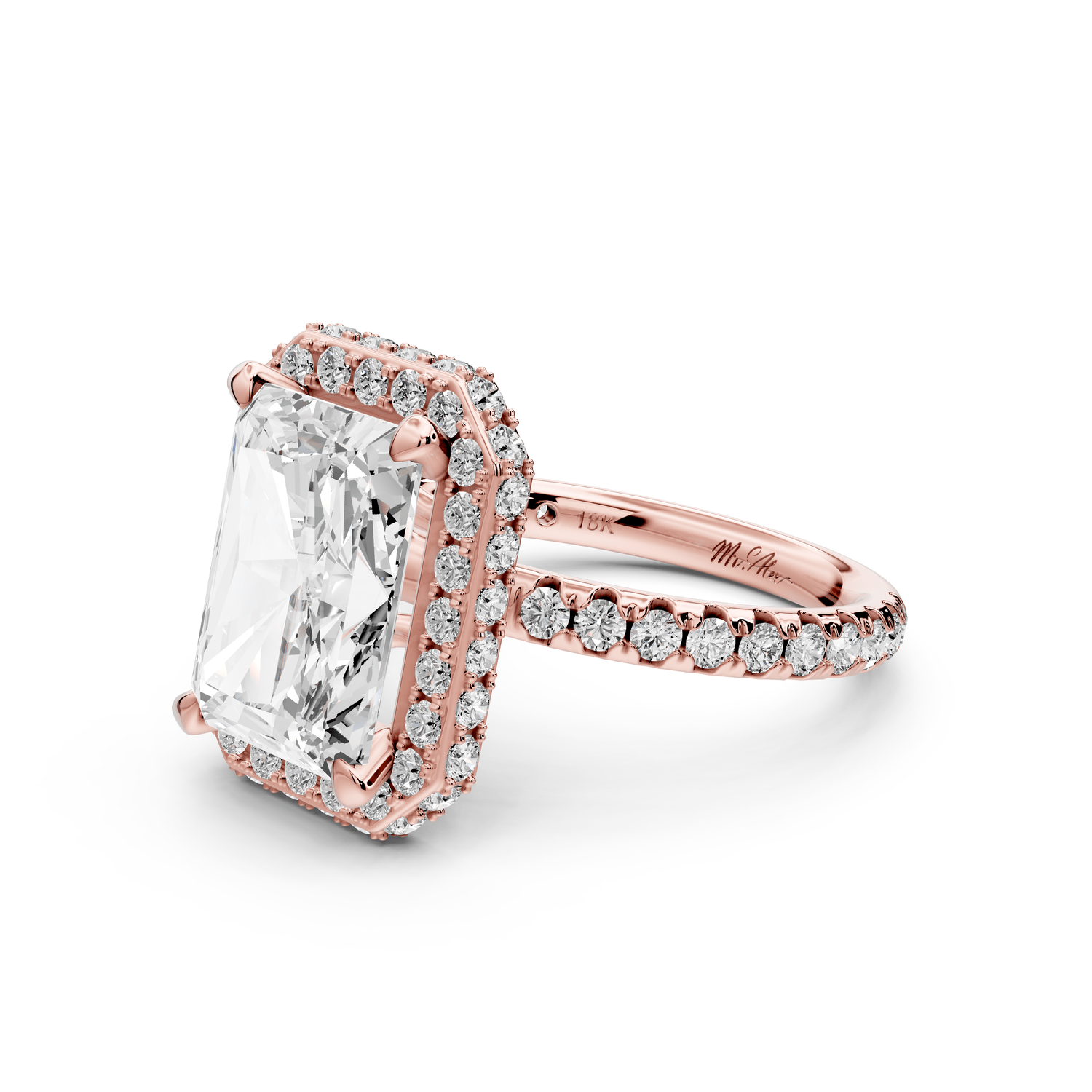 Amelie - 4ct 18k rose gold radiant Diamond with Rollover Halo and Pavé engagement Ring - Mr. Alex Jewelry
