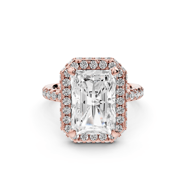 Amelie - 4ct 18k rose gold radiant Diamond with Rollover Halo and Pavé engagement Ring - Mr. Alex Jewelry