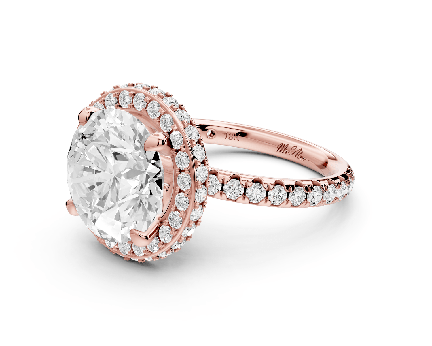 Amelie - 4ct 18k rose gold round Diamond with Rollover Halo and Pavé Engagment Ring - Mr. Alex Jewelry