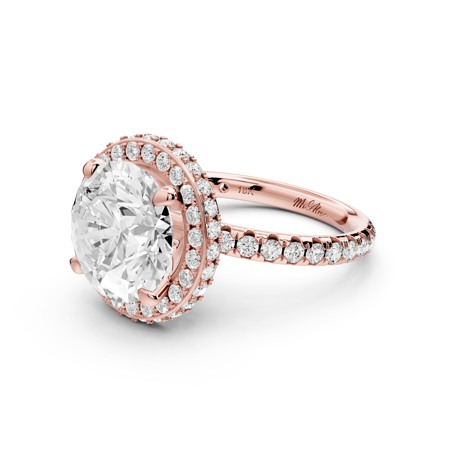 Amelie - 4ct 18k rose gold round Diamond with Rollover Halo and Pavé Engagment Ring - Mr. Alex Jewelry