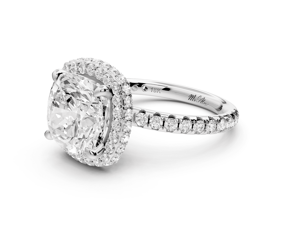 Amelie - 4ct 18k white gold cushion Diamond with Rollover Halo and Pavé engagement Ring - Mr. Alex Jewelry