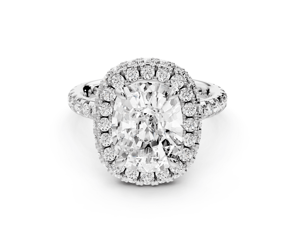Amelie - 4ct 18k white gold ecushion Diamond with Rollover Halo and Pavé engagement Ring - Mr. Alex Jewelry
