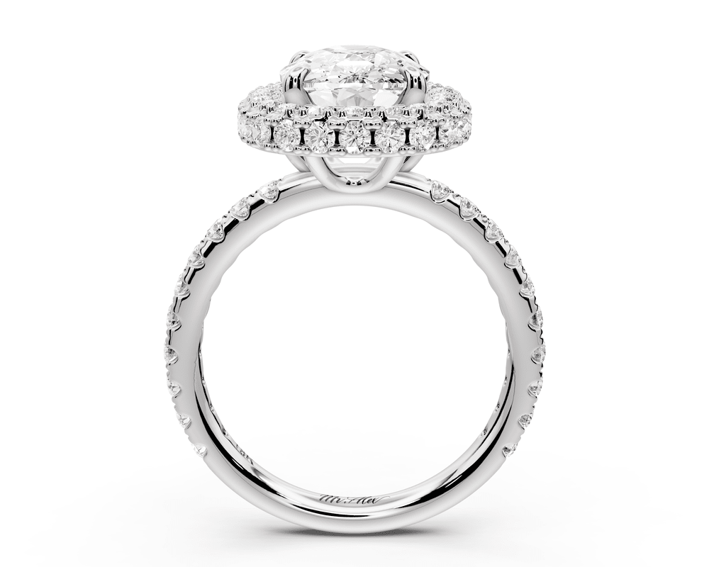 Amelie - 4ct 18k white gold ecushion Diamond with Rollover Halo and Pavé engagement Ring - Mr. Alex Jewelry