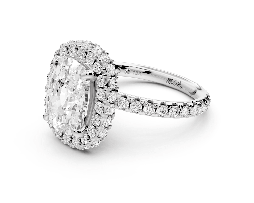 Amelie - 4ct 18k white gold ecushion Diamond with Rollover Halo and Pavé engagement Ring - Mr. Alex Jewelry