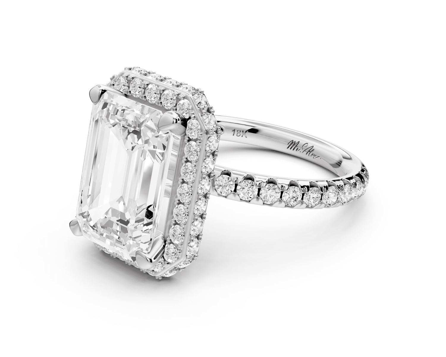 Amelie - 4ct 18k white gold emerald Diamond with Rollover Halo and Pavé Engagement Ring - Mr. Alex Jewelry