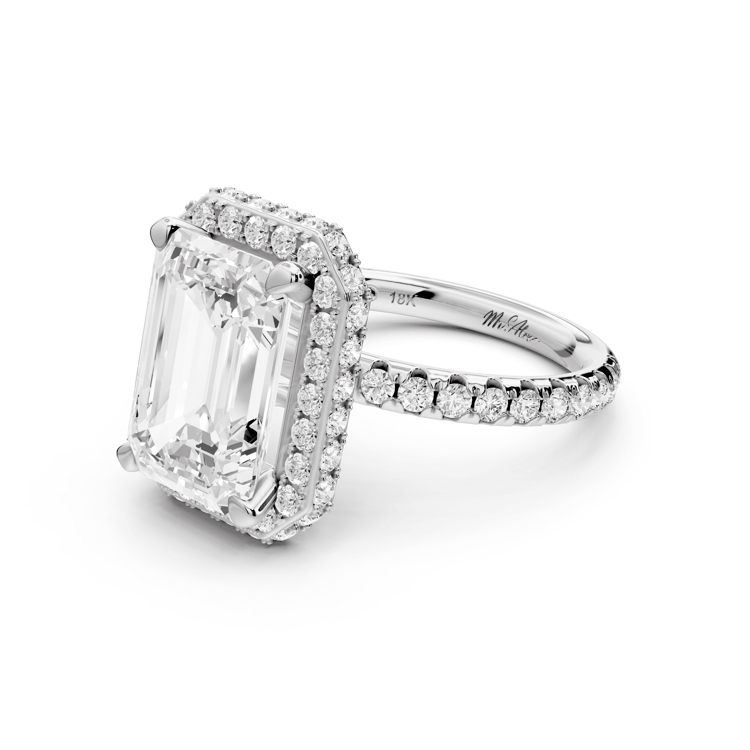 Amelie - 4ct 18k white gold emerald Diamond with Rollover Halo and Pavé Engagement Ring - Mr. Alex Jewelry