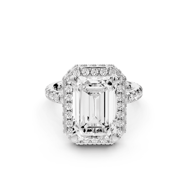 Amelie - 4ct 18k white gold emerald Diamond with Rollover Halo and Pavé Engagement Ring - Mr. Alex Jewelry